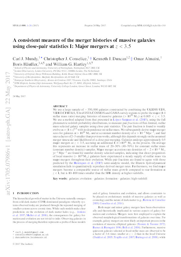 A consistent measure of the merger histories of massive galaxies using close-pair statistics I: Major mergers at z < 3:5 Thumbnail