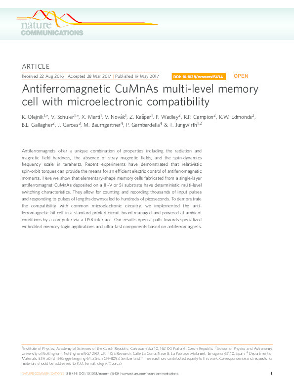 Antiferromagnetic CuMnAs multi-level memory cell with microelectronic compatibility Thumbnail