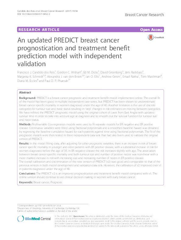 An updated PREDICT breast cancer prognostication and treatment benefit prediction model with independent validation Thumbnail