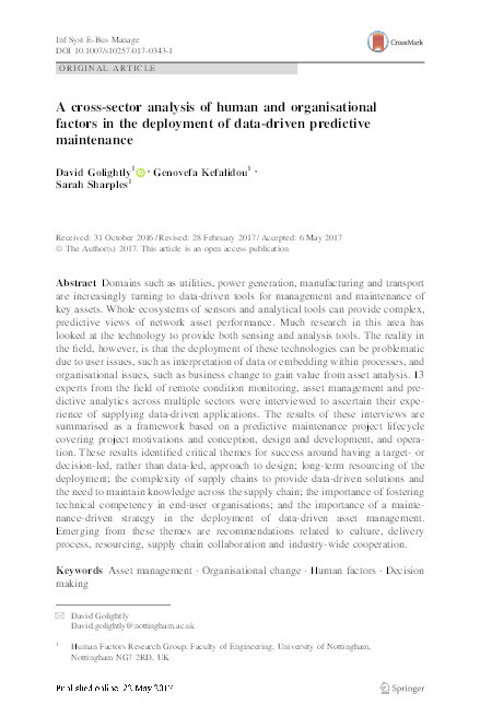 A cross-sector analysis of human and organisational factors in the deployment of data-driven predictive maintenance Thumbnail