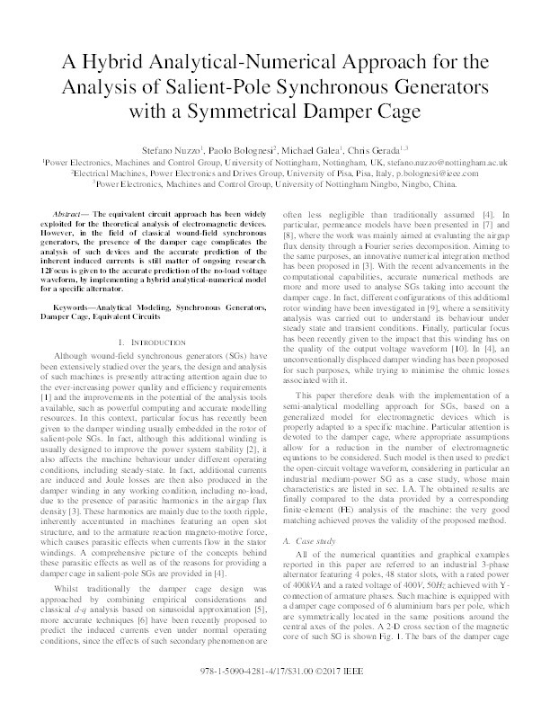 A hybrid analytical-numerical approach for the analysis of salient-pole synchronous generators with a symmetrical damper cage Thumbnail