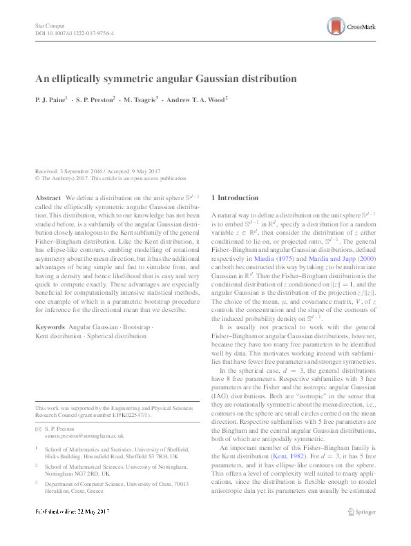An elliptically symmetric angular Gaussian distribution Thumbnail