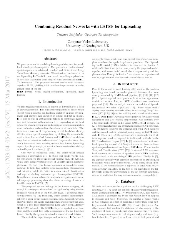 Combining residual networks with LSTMs for lipreading Thumbnail