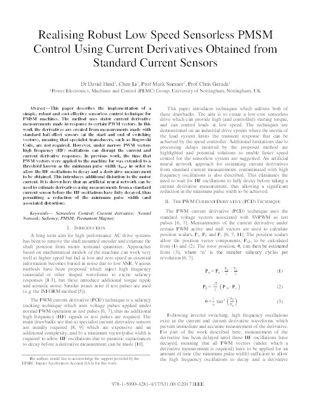 Realising robust low speed sensorless PMSM control using current derivatives obtained from standard current sensors Thumbnail