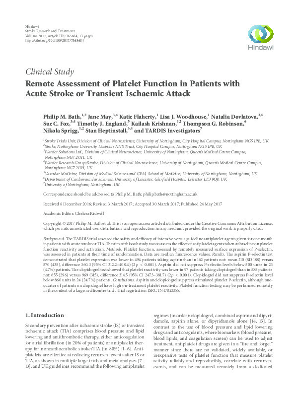 Remote assessment of platelet function in patients with acute stroke or transient ischaemic attack Thumbnail