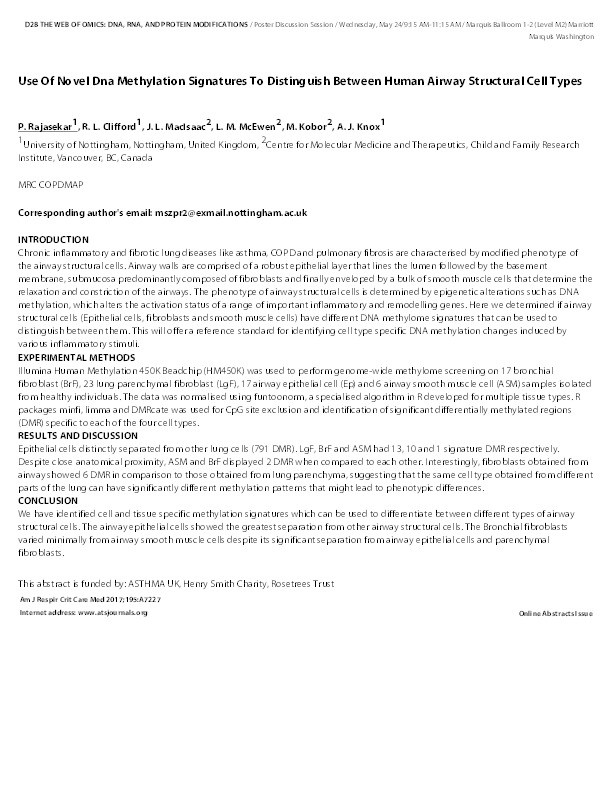 Use of novel DNA methylation signatures to distinguish between human airway structural cell types Thumbnail