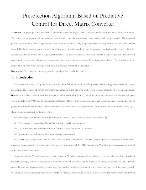 Preselection algorithm based on predictive control for direct matrix converter Thumbnail