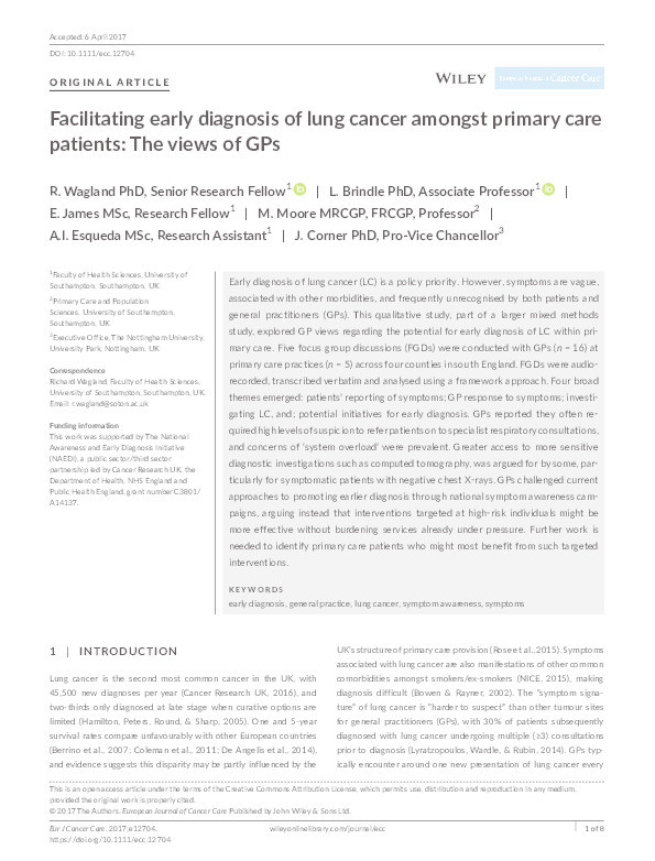 Facilitating early diagnosis of lung cancer amongst primary care patients: the views of GPs Thumbnail