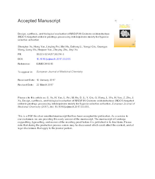 Design, synthesis, and biological evaluation of NAD(P)H: quinone oxidoreductase (NQO1)-targeted oridonin prodrugs possessing indolequinone moiety for hypoxia-selective activation Thumbnail