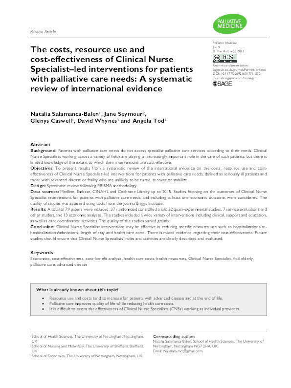 The costs, resource use, and cost-effectiveness of Clinical Nurse Specialist (CNSs) led interventions for patients with palliative care needs: a systematic review of international evidence Thumbnail