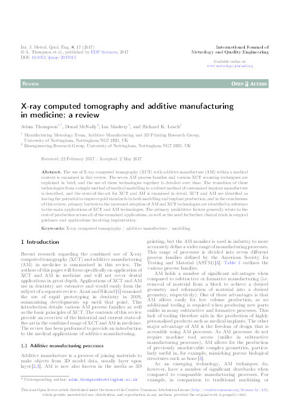 X-ray computed tomography and additive manufacturing in medicine: a review Thumbnail