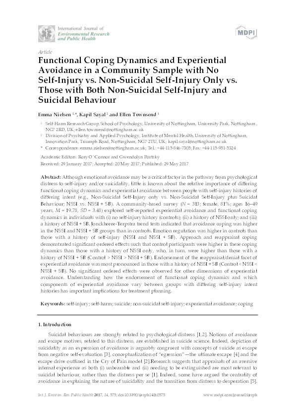 Functional coping dynamics and experiential avoidance in a community sample with no self-injury vs. non-suicidal self-injury only vs. those with both non-suicidal self-injury and suicidal behaviour Thumbnail