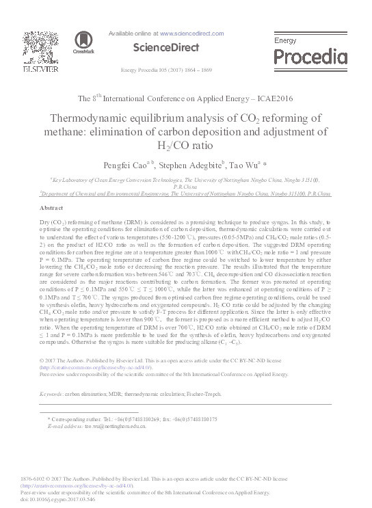 Thermodynamic equilibrium analysis of CO2 reforming of methane: elimination of carbon deposition and adjustment of H2/CO ratio Thumbnail