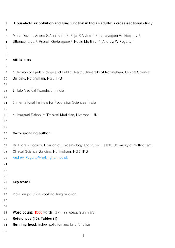 Household air pollution and lung function in Indian adults: a cross-sectional study Thumbnail