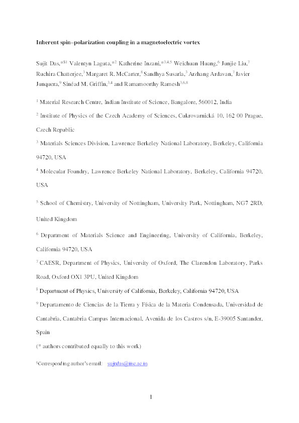 Inherent Spin–Polarization Coupling in a Magnetoelectric Vortex Thumbnail