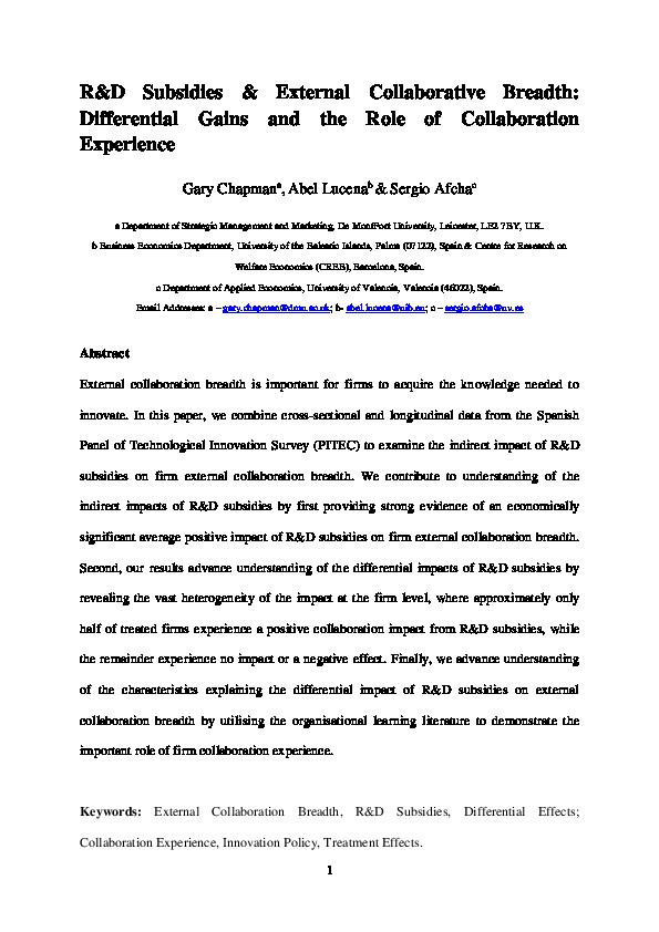 R&D subsidies & external collaborative breadth: Differential gains and the role of collaboration experience Thumbnail