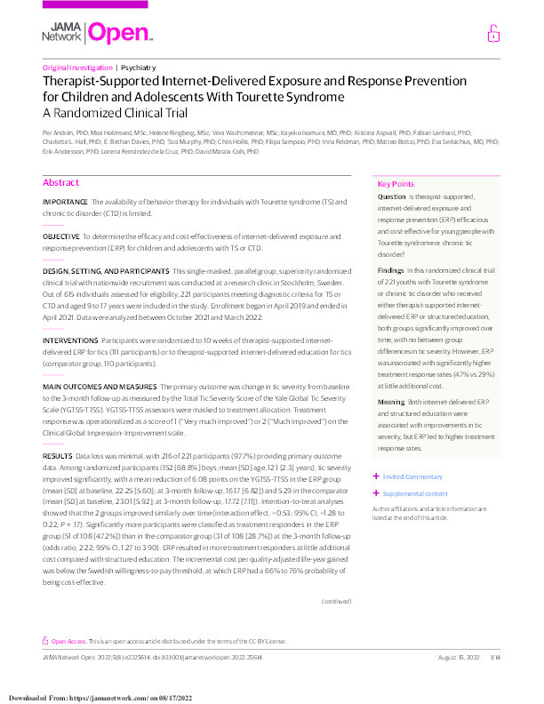 Therapist-Supported Internet-Delivered Exposure and Response Prevention for Children and Adolescents with Tourette Syndrome: A Randomized Clinical Trial Thumbnail