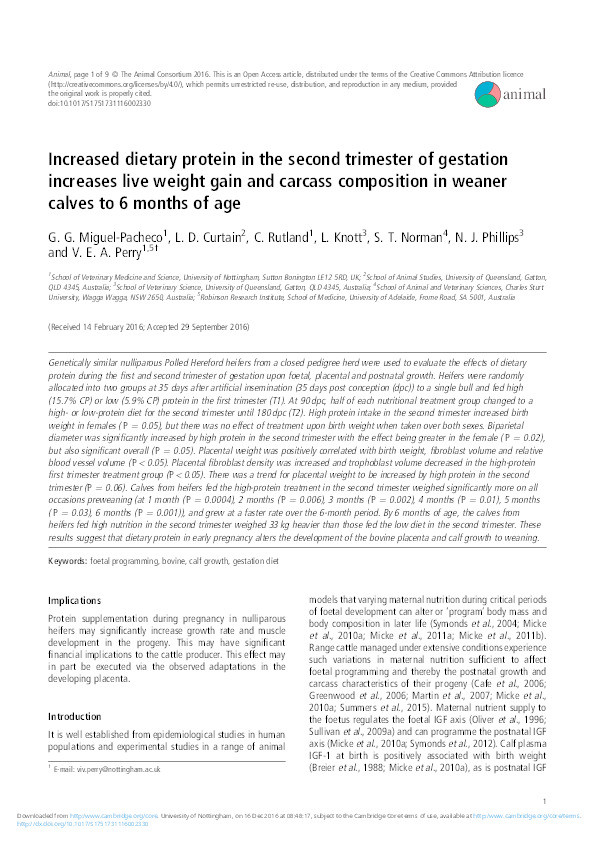 Increased dietary protein in the second trimester of gestation increases live weight gain and carcass composition in weaner calves to 6 months of age Thumbnail