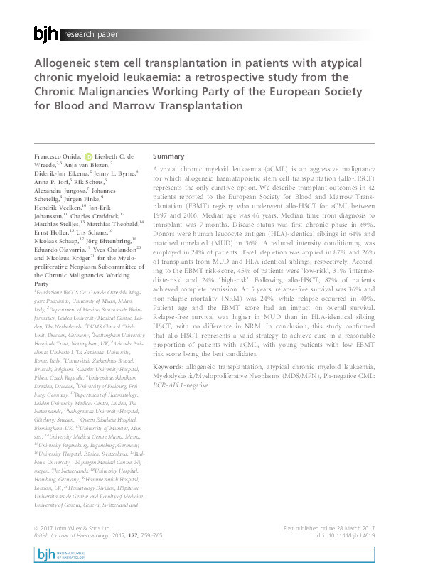 Allogeneic stem cell transplantation in patients with atypical chronic myeloid leukaemia: a retrospective study from the Chronic Malignancies Working Party of the European Society for Blood and Marrow Transplantation Thumbnail