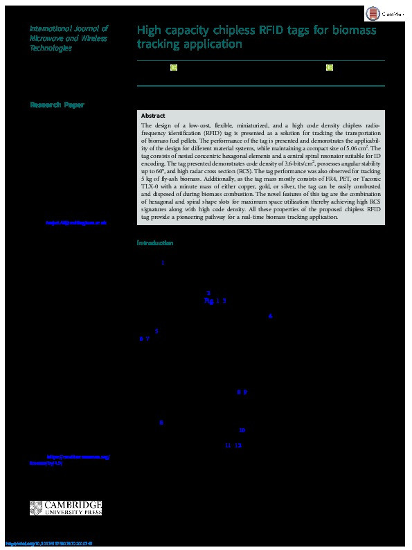 High capacity chipless RFID tags for biomass tracking application Thumbnail