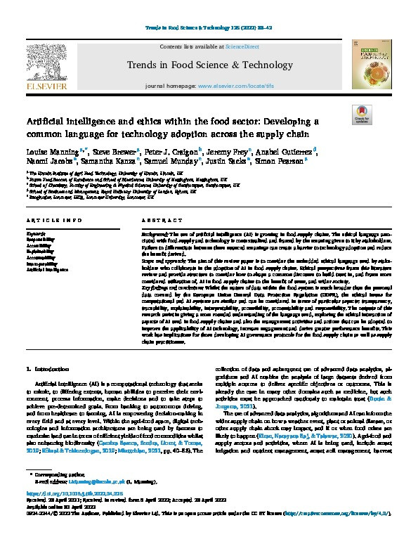 Artificial intelligence and ethics within the food sector: Developing a common language for technology adoption across the supply chain Thumbnail