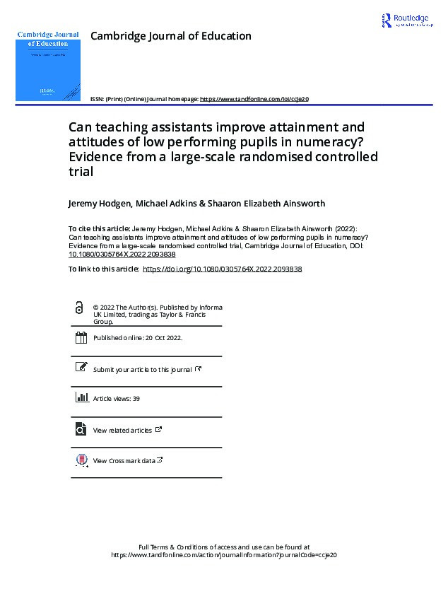Can teaching assistants improve attainment and attitudes of low performing pupils in numeracy? Evidence from a large-scale randomised controlled trial Thumbnail