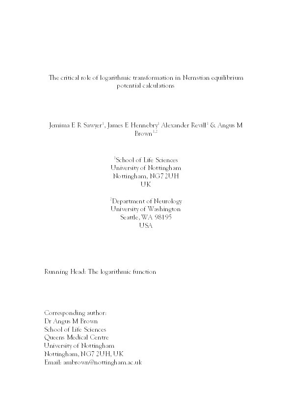 The critical role of logarithmic transformation in Nernstian equilibrium potential calculations Thumbnail