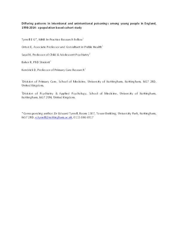 Differing patterns in intentional and unintentional poisonings among young people in England, 1998-2014: a population based cohort study Thumbnail