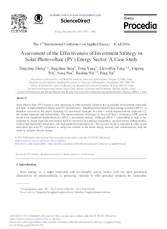 Assessment of the effectiveness of investment strategy in solar photovoltaic (PV) energy sector: a case study Thumbnail