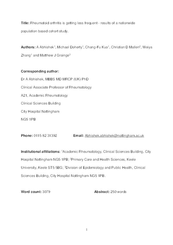 Rheumatoid arthritis is getting less frequent—results of a nationwide population-based cohort study Thumbnail