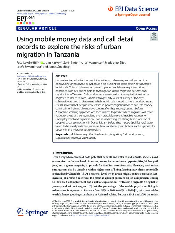 Using mobile money data and call detail records to explore the risks of urban migration in Tanzania Thumbnail
