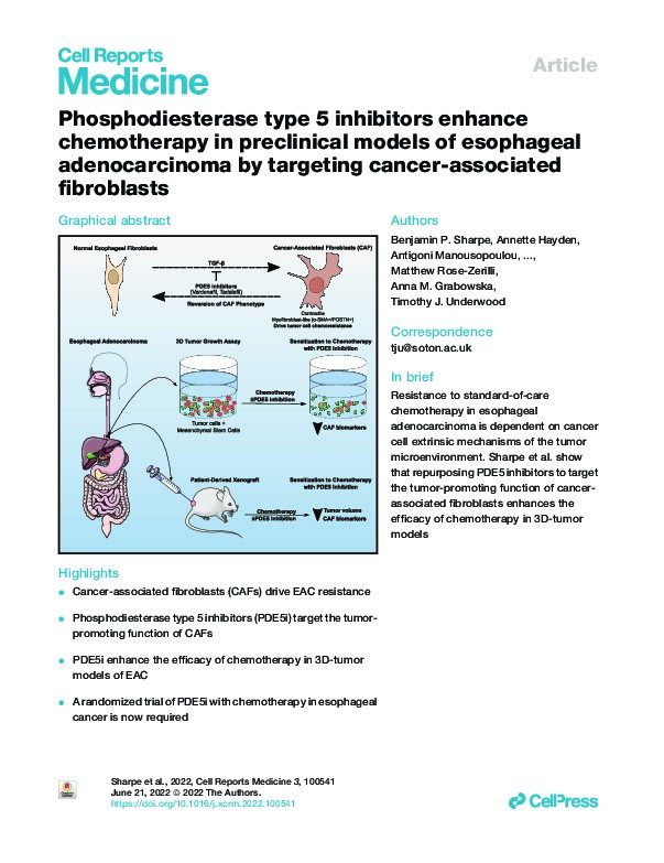 Phosphodiesterase type 5 inhibitors enhance chemotherapy in preclinical models of esophageal adenocarcinoma by targeting cancer-associated fibroblasts Thumbnail