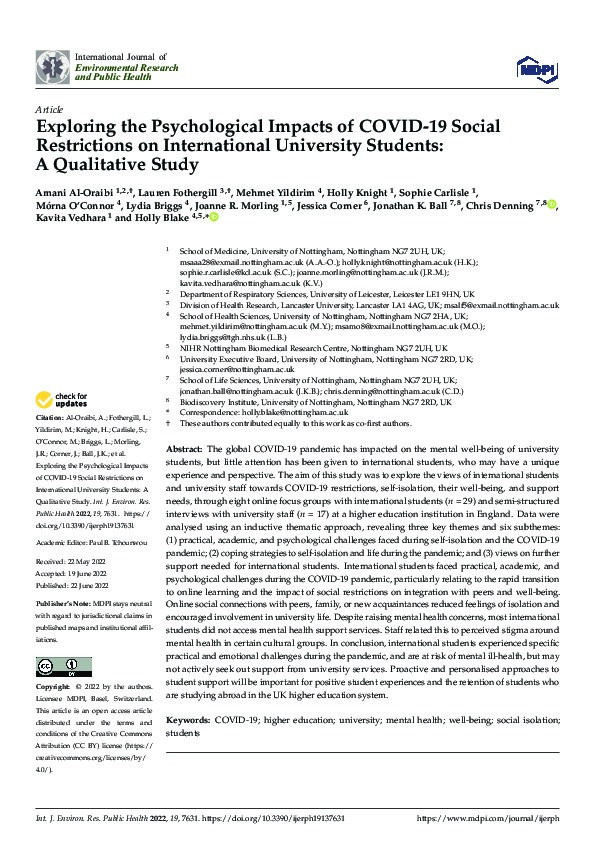 Exploring the Psychological Impacts of COVID-19 Social Restrictions on International University Students: A Qualitative Study Thumbnail