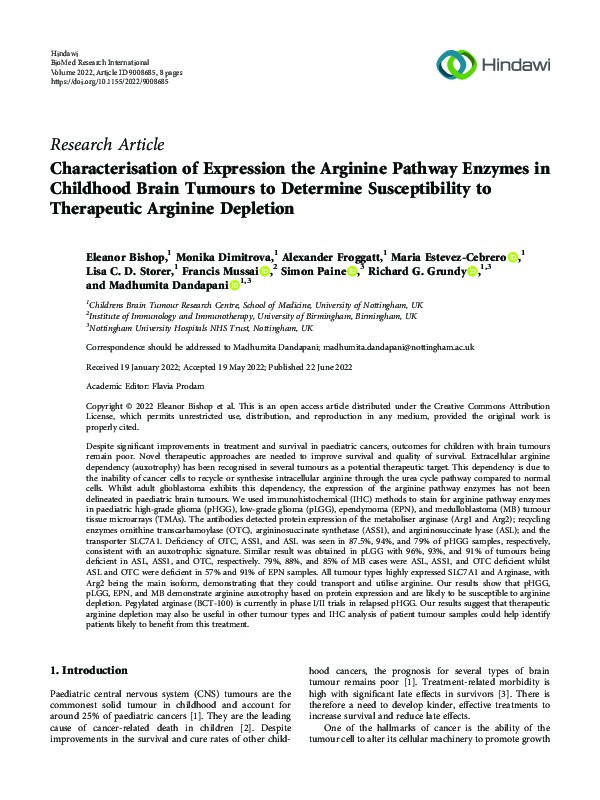 Characterisation of Expression the Arginine Pathway Enzymes in Childhood Brain Tumours to Determine Susceptibility to Therapeutic Arginine Depletion Thumbnail