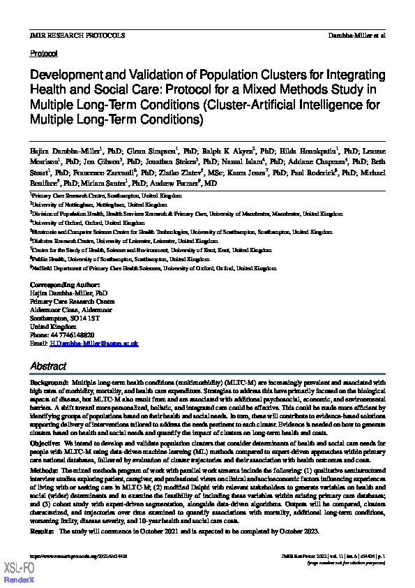 Development and Validation of Population Clusters for Integrating Health and Social Care: Protocol for a Mixed Methods Study in Multiple Long-Term Conditions (Cluster-Artificial Intelligence for Multiple Long-Term Conditions) Thumbnail