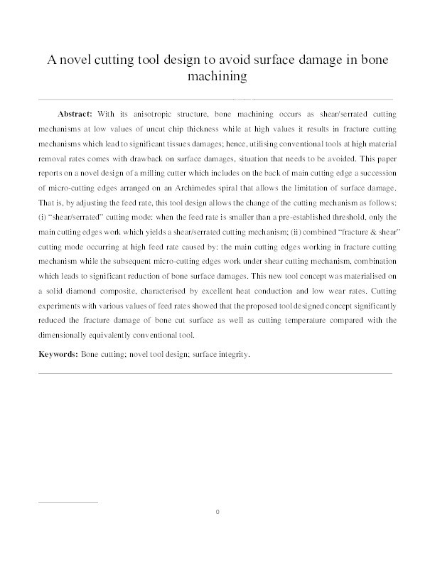 A novel cutting tool design to avoid surface damage in bone machining Thumbnail