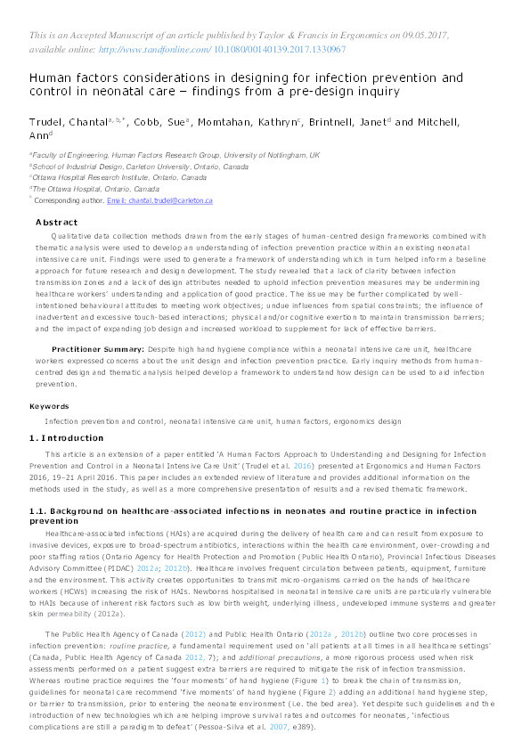 Human factors considerations in designing for infection prevention and control in neonatal care – findings from a pre-design inquiry Thumbnail