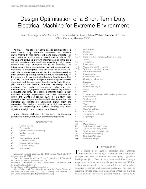 Design optimization of a short-term duty electrical machine for extreme environment Thumbnail