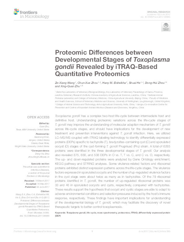 Proteomic differences between developmental stages of Toxoplasma gondii revealed by iTRAQ-based quantitative proteomics Thumbnail