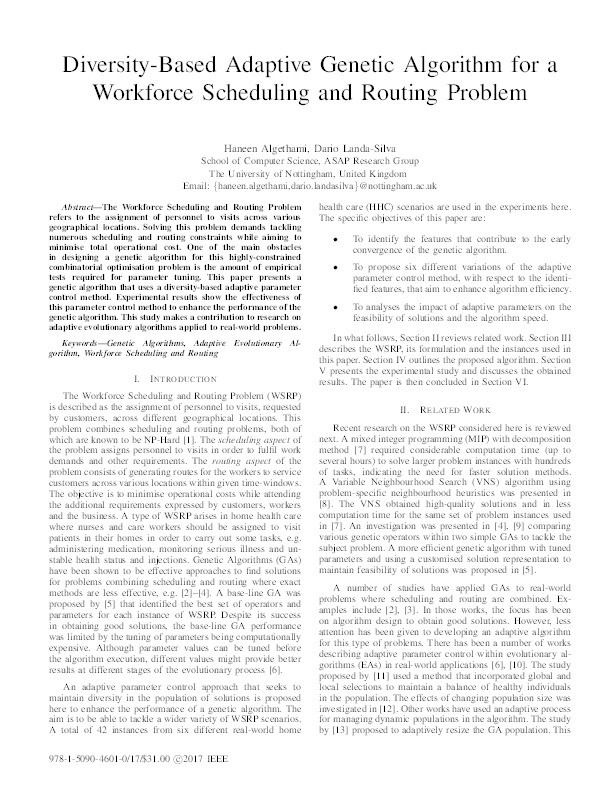Diversity-based adaptive genetic algorithm for a Workforce Scheduling and Routing Problem Thumbnail