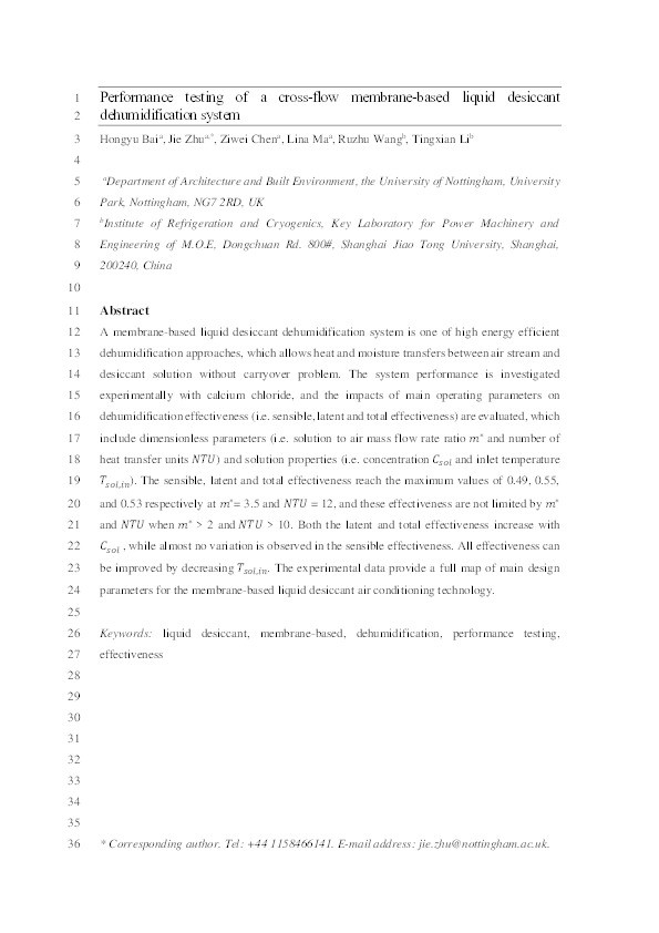 Performance testing of a cross-flow membrane-based liquid desiccant dehumidification system Thumbnail