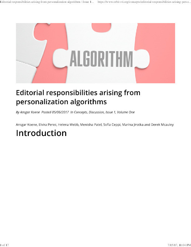 Editorial responsibilities arising from personalization algorithms Thumbnail