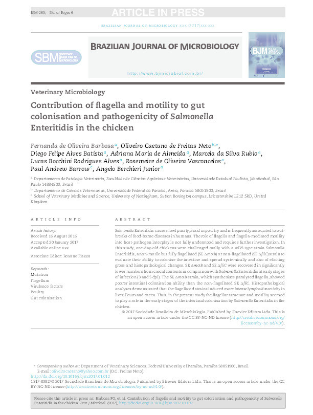 Contribution of flagella and motility to gut colonisation and pathogenicity of Salmonella Enteritidis in the chicken Thumbnail