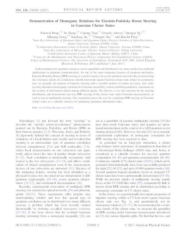 Demonstration of monogamy relations for Einstein-Podolsky-Rosen steering in Gaussian cluster states Thumbnail