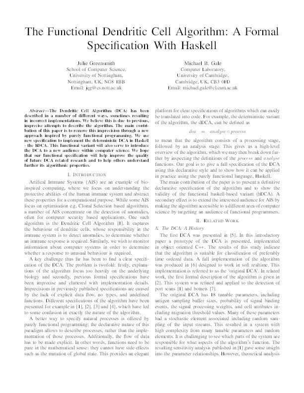 The Functional Dendritic Cell Algorithm: A formal specification with Haskell Thumbnail
