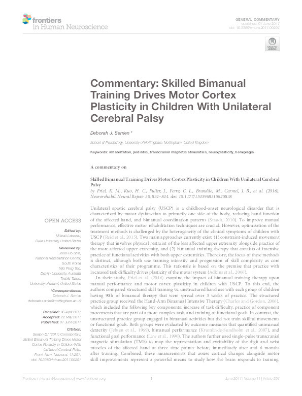 Commentary: skilled bimanual training drives motor cortex plasticity in children with unilateral cerebral palsy Thumbnail