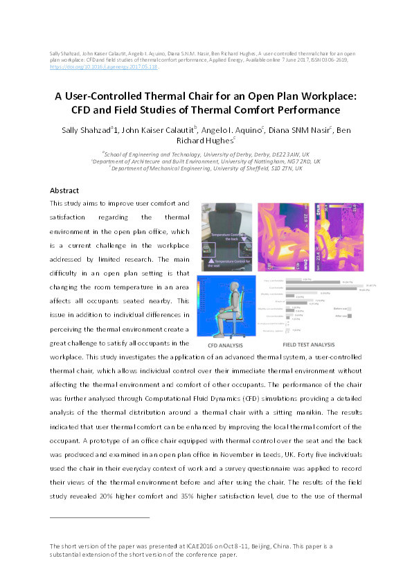 A user-controlled thermal chair for an open plan workplace: CFD and field studies of thermal comfort performance Thumbnail