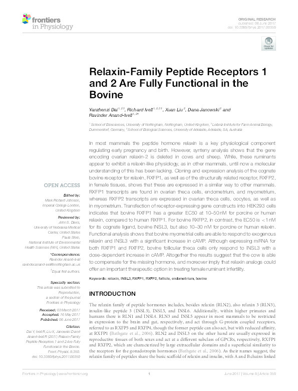 Relaxin-family peptide receptors 1 and 2 are fully functional in the bovine Thumbnail