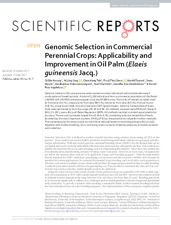 Genomic selection in commercial perennial crops: applicability and improvement in oil palm (Elaeis guineensis Jacq.) Thumbnail