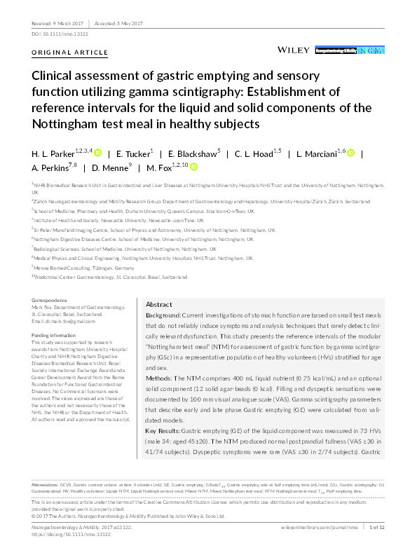 Clinical assessment of gastric emptying and sensory function utilizing gamma scintigraphy: Establishment of reference intervals for the liquid and solid components of the Nottingham test meal in healthy subjects Thumbnail